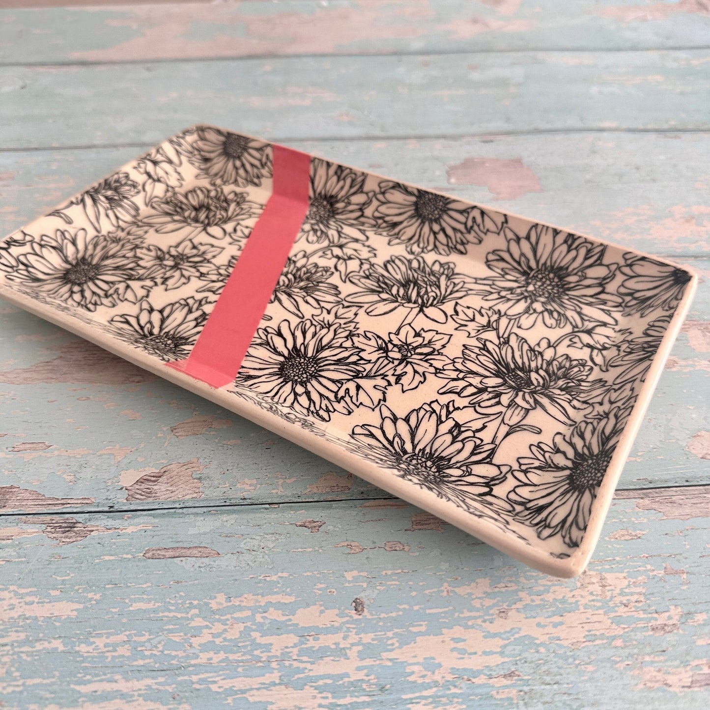 Pink Daisy Platter, Large Handmade Rectangle Ceramic Plate - FJD Ceramics