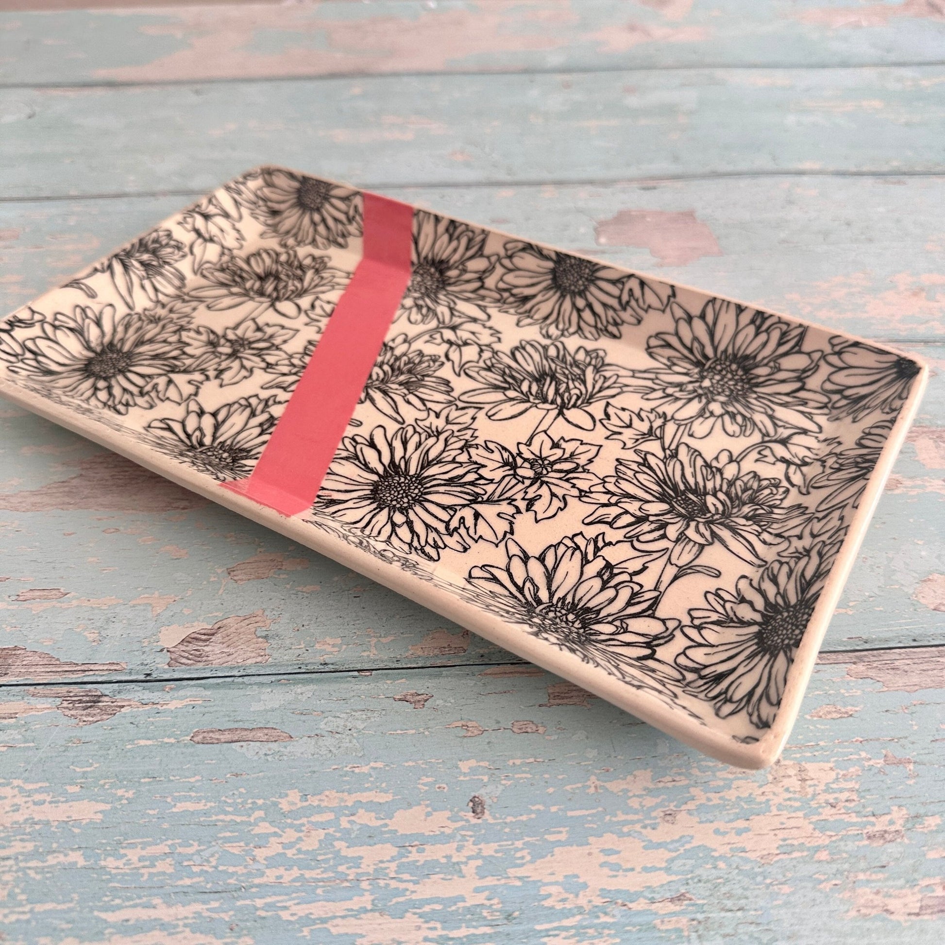 Pink Daisy Platter, Large Handmade Rectangle Ceramic Plate - FJD Ceramics