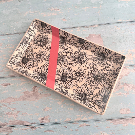 Pink Daisy Platter, Large Handmade Rectangle Ceramic Plate - FJD Ceramics