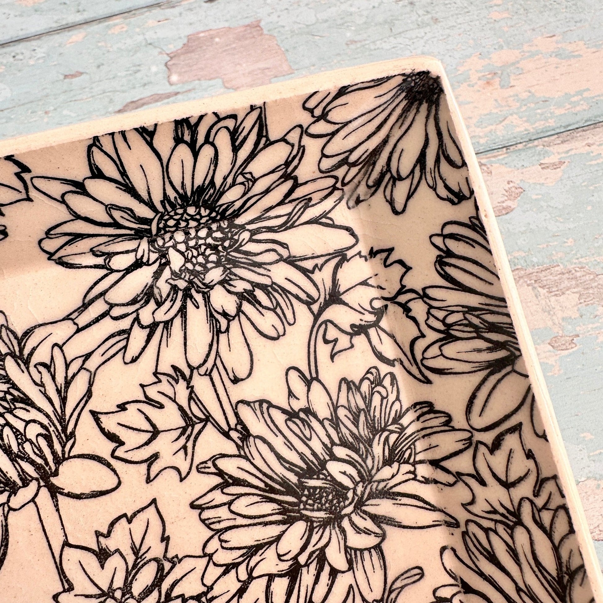 Pink Daisy Platter, Large Handmade Rectangle Ceramic Plate - FJD Ceramics