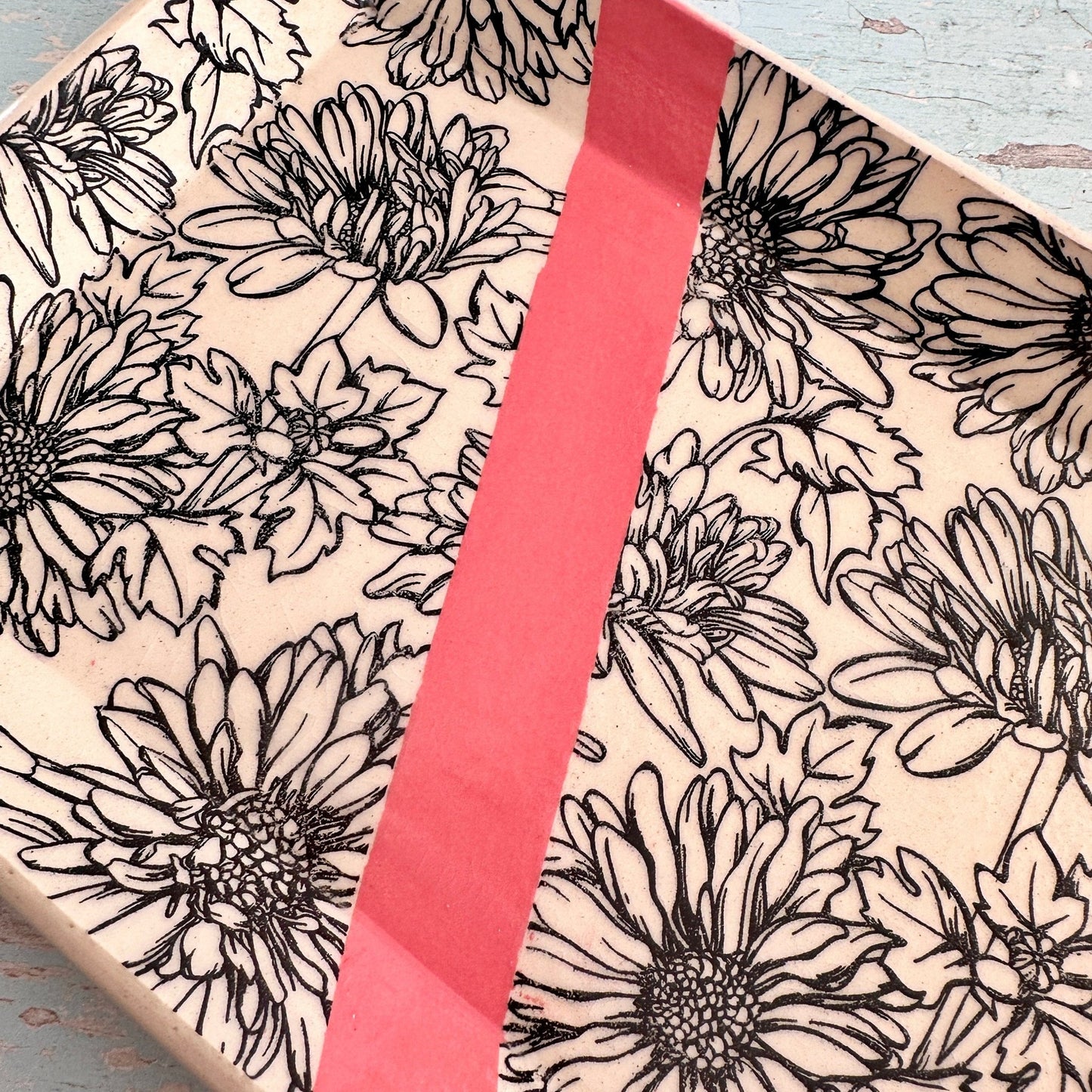 Pink Daisy Platter, Large Handmade Rectangle Ceramic Plate - FJD Ceramics