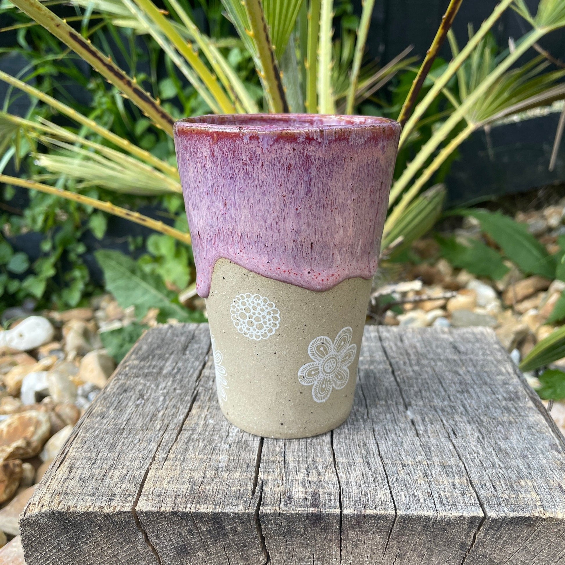 Pink Floral Ceramic Tumbler, Handmade Modern Cup - FJD Ceramics