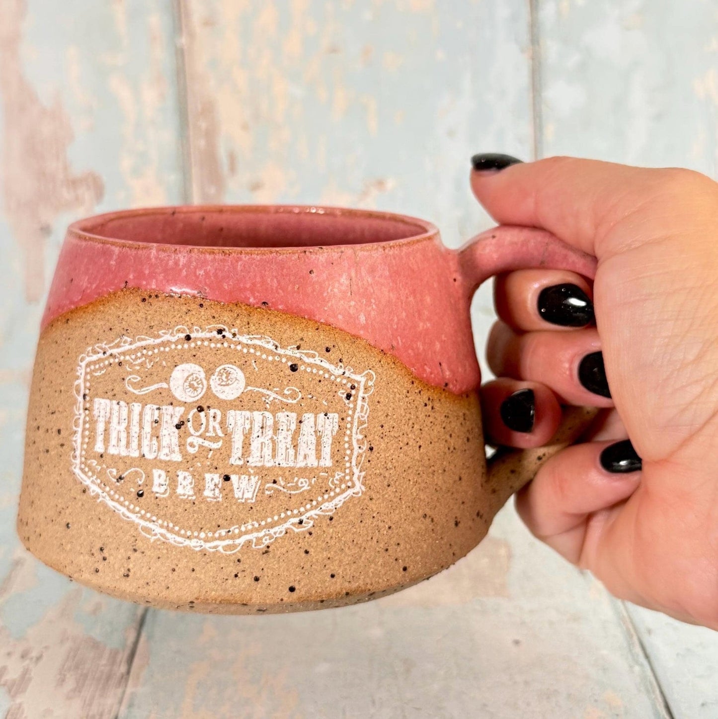 Pink Halloween Trick or Treat Label Mug Spooky Season Cup - FJD Ceramics