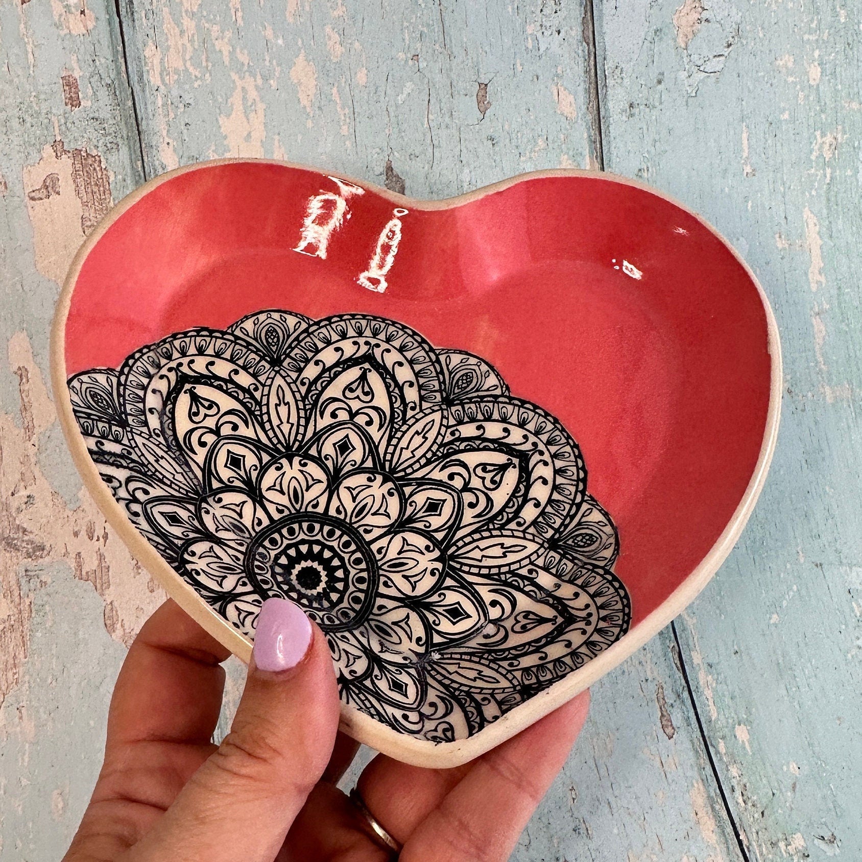 Pink Heart and Mandala Dish, Handmade Ceramic Plate - FJD Ceramics