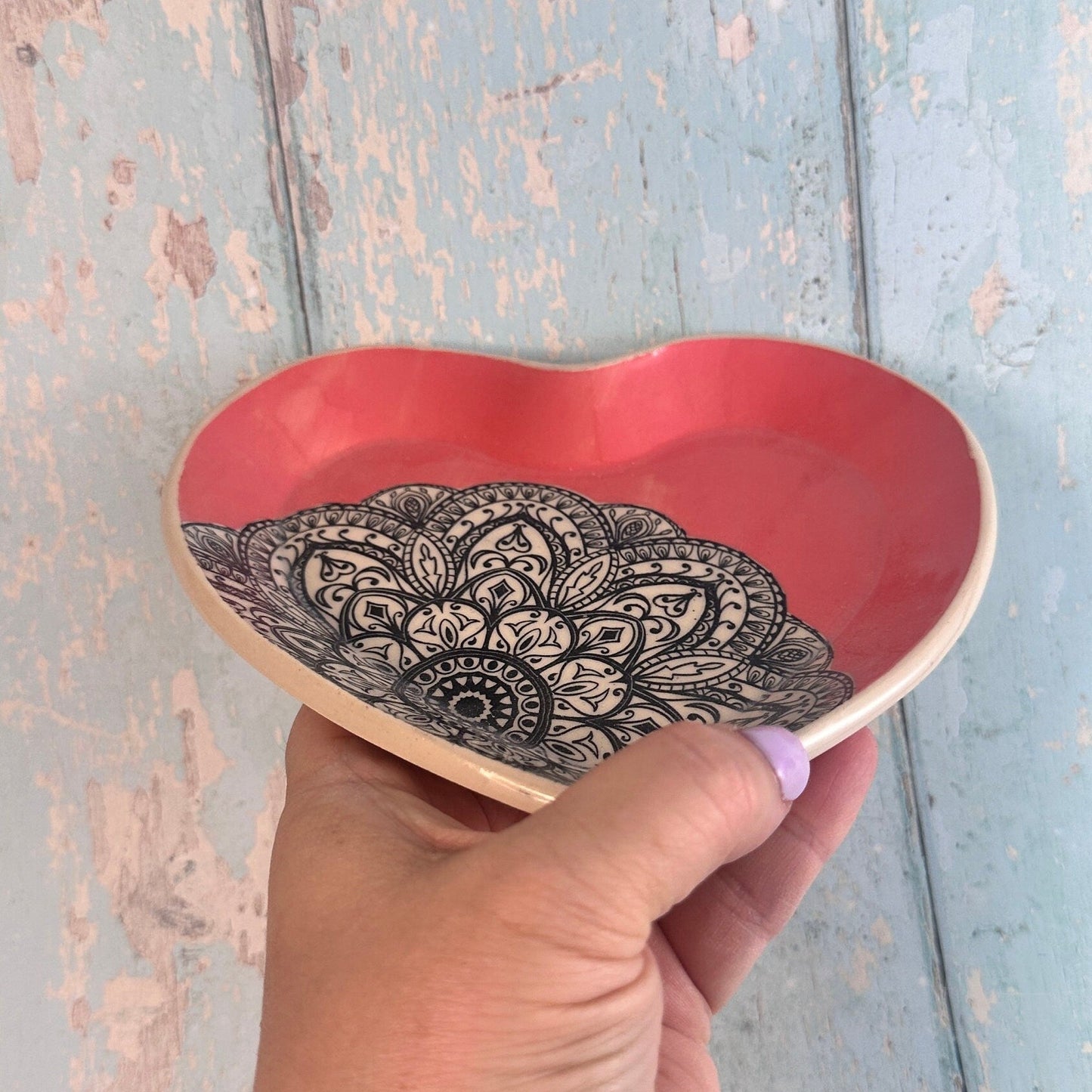 Pink Heart and Mandala Dish, Handmade Ceramic Plate - FJD Ceramics