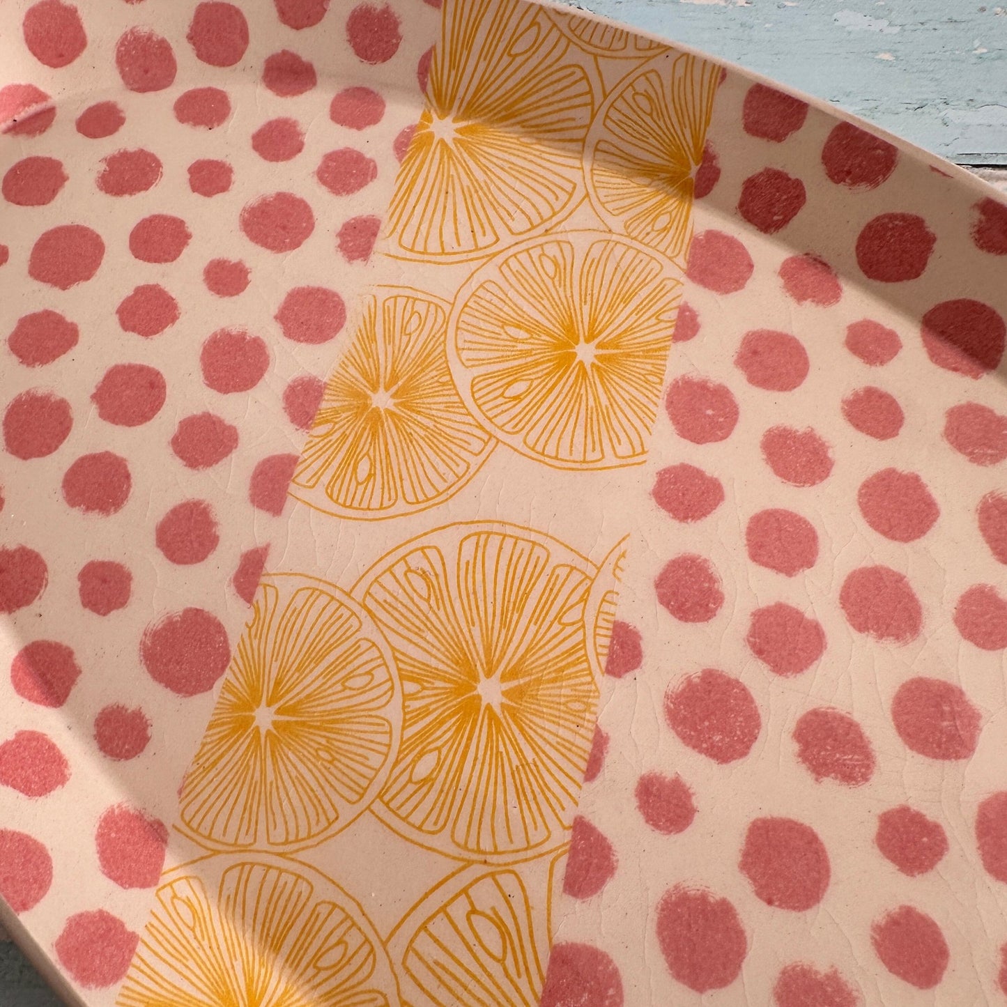 Pink Polka Dot and Yellow Lemon Platter, Large Handmade Oval Ceramic Plate - FJD Ceramics