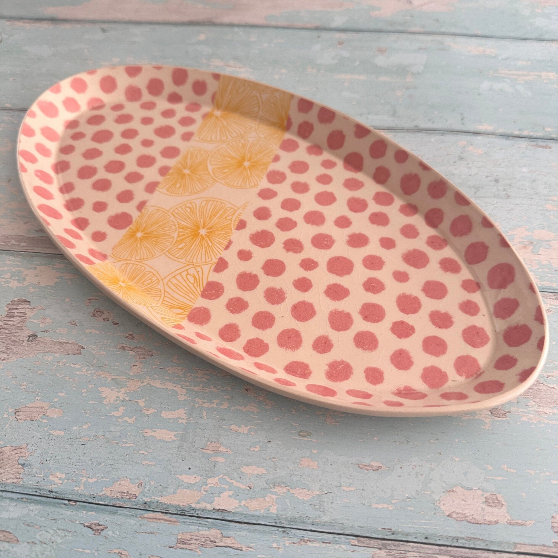 Pink Polka Dot and Yellow Lemon Platter, Large Handmade Oval Ceramic Plate - FJD Ceramics