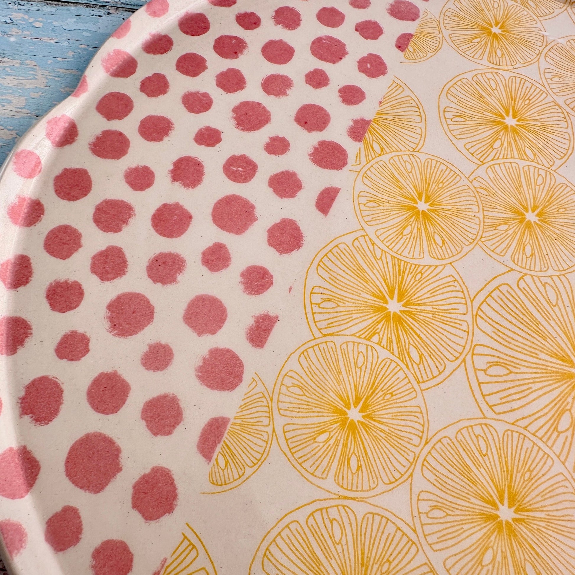 Pink Polka Dot and Yellow Lemon Platter, Large Handmade Round Ceramic Cake Plate - FJD Ceramics