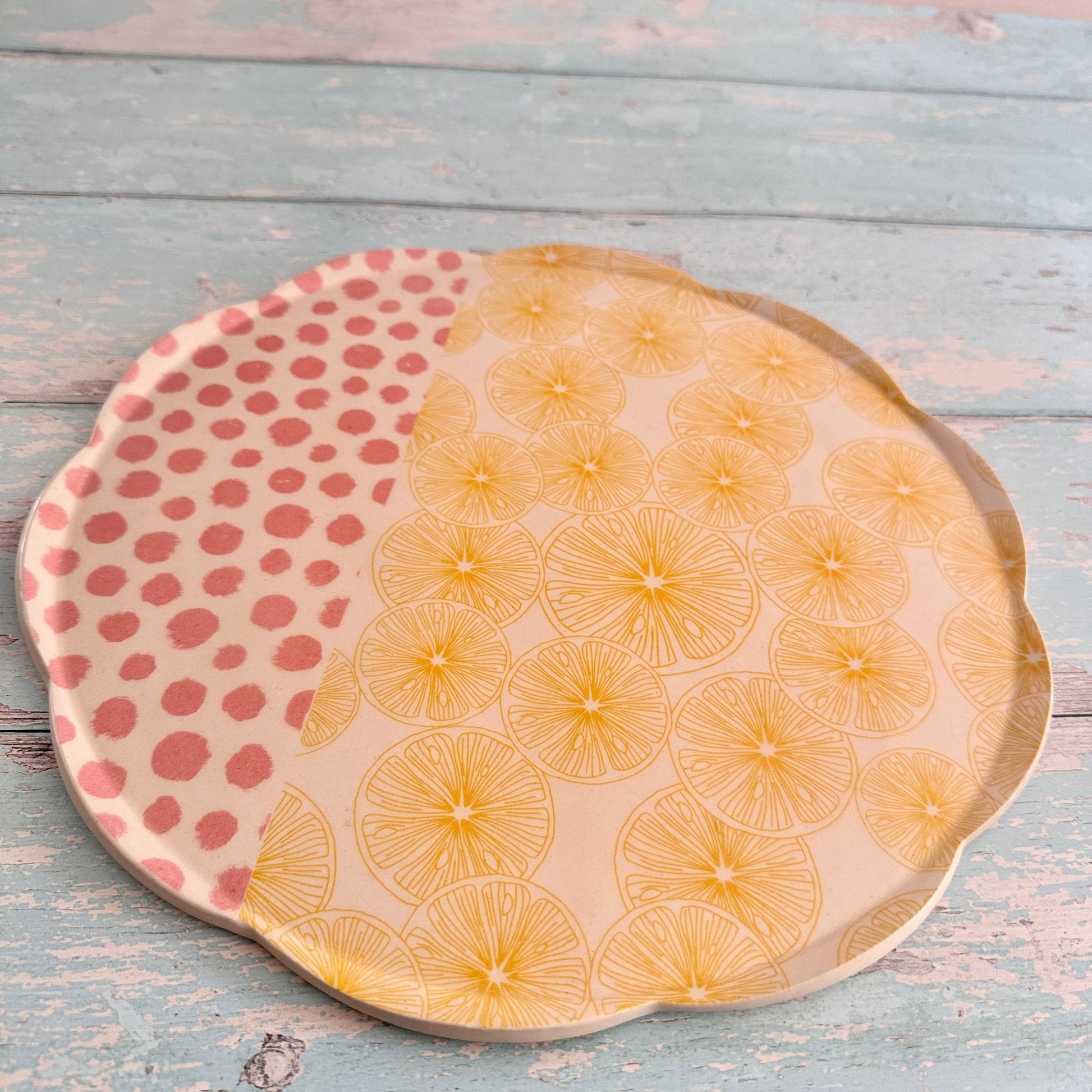 Pink Polka Dot and Yellow Lemon Platter, Large Handmade Round Ceramic Cake Plate - FJD Ceramics