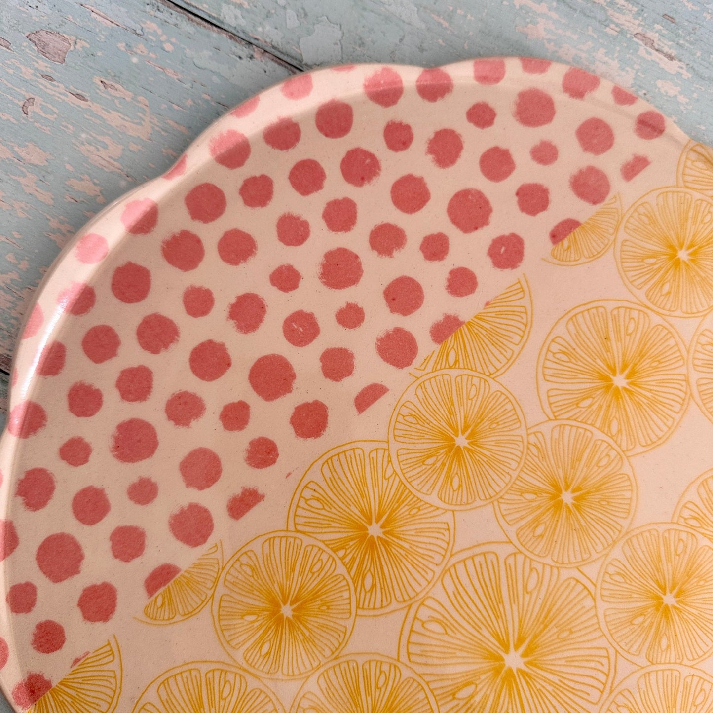 Pink Polka Dot and Yellow Lemon Platter, Large Handmade Round Ceramic Cake Plate - FJD Ceramics