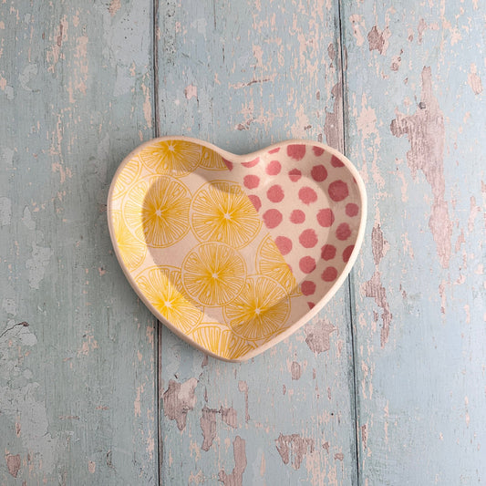 Pink Yellow Lemon Heart Dish, Handmade Ceramic Plate, Jewellery Tray - FJD Ceramics