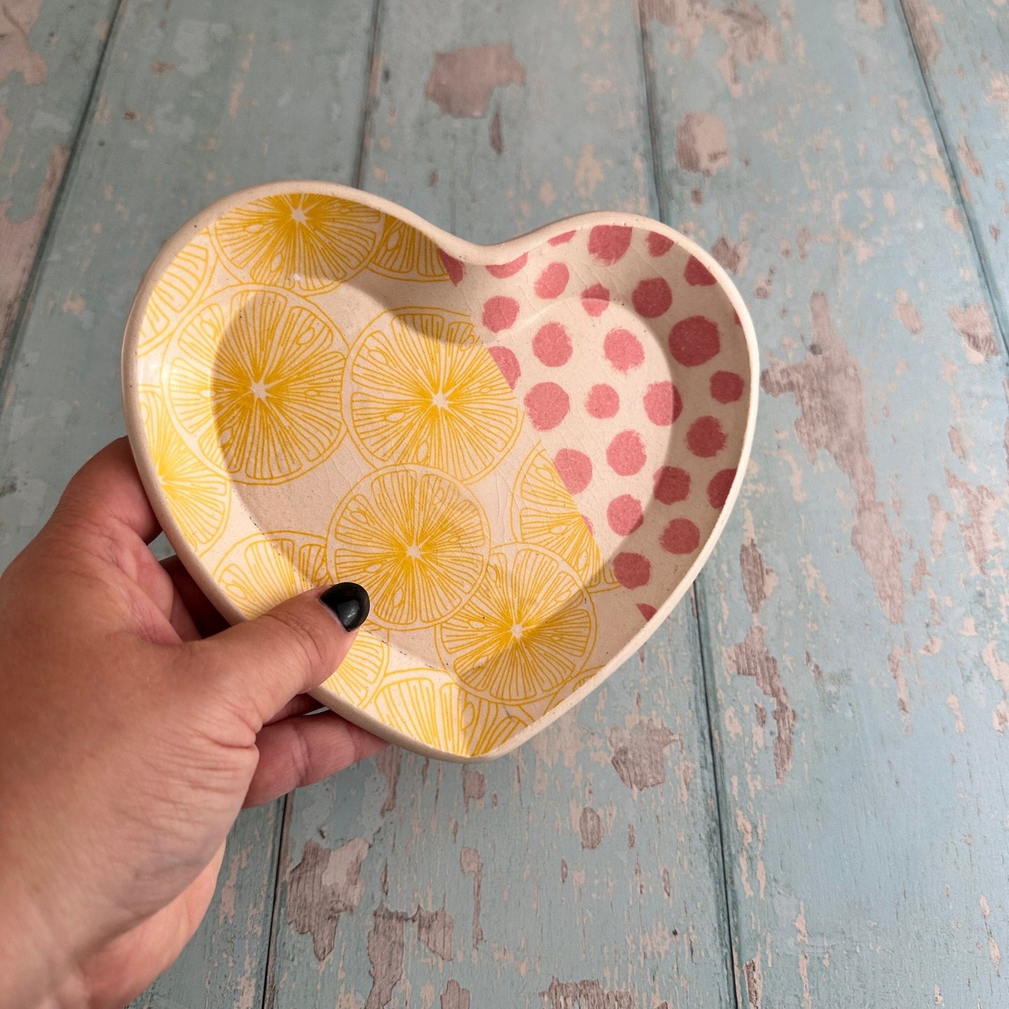 Pink Yellow Lemon Heart Dish, Handmade Ceramic Plate, Jewellery Tray - FJD Ceramics