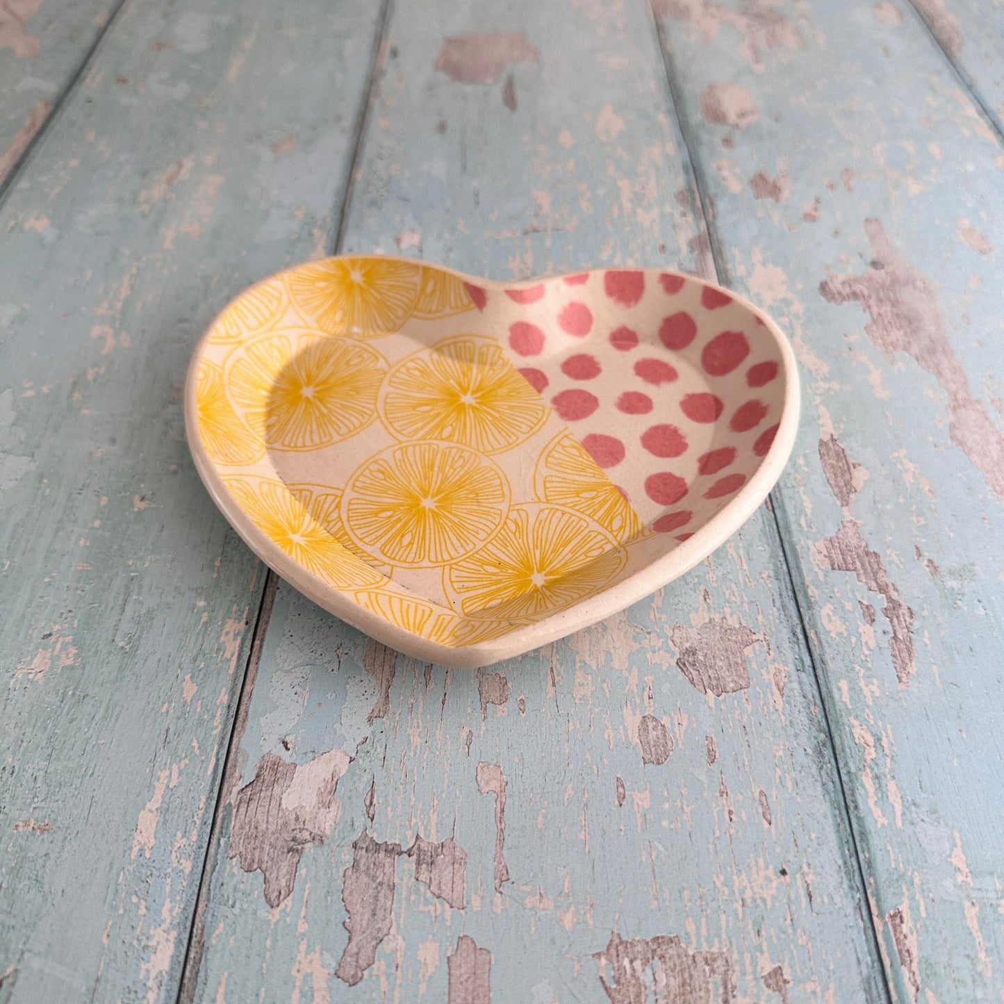Pink Yellow Lemon Heart Dish, Handmade Ceramic Plate, Jewellery Tray - FJD Ceramics