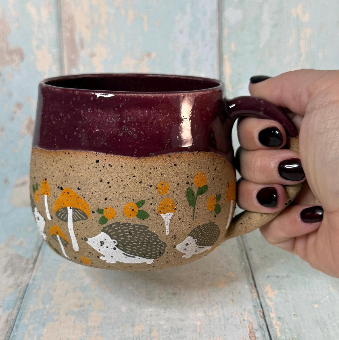 Plum Hedgehog Mug, Large Ceramic Cup - FJD Ceramics