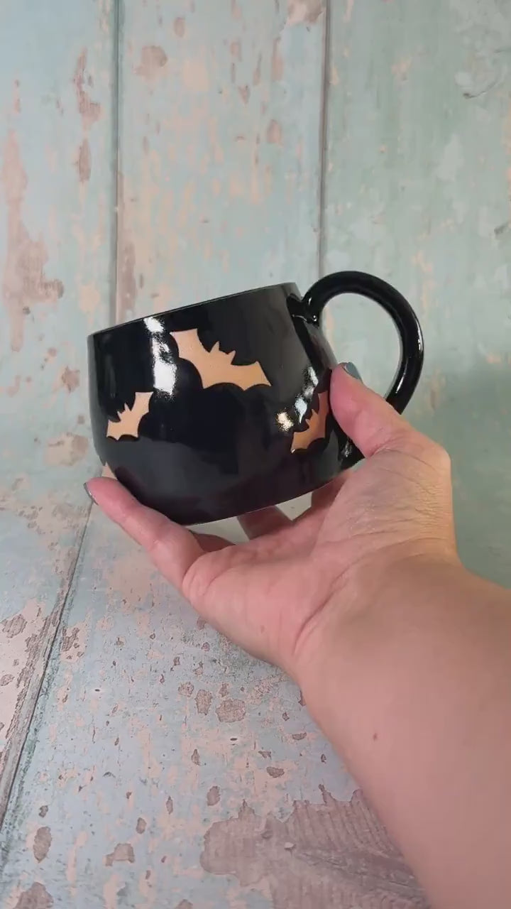 Black Bat Mug, Handmade Ceramic Cup, Spooky Halloween Mug - Second