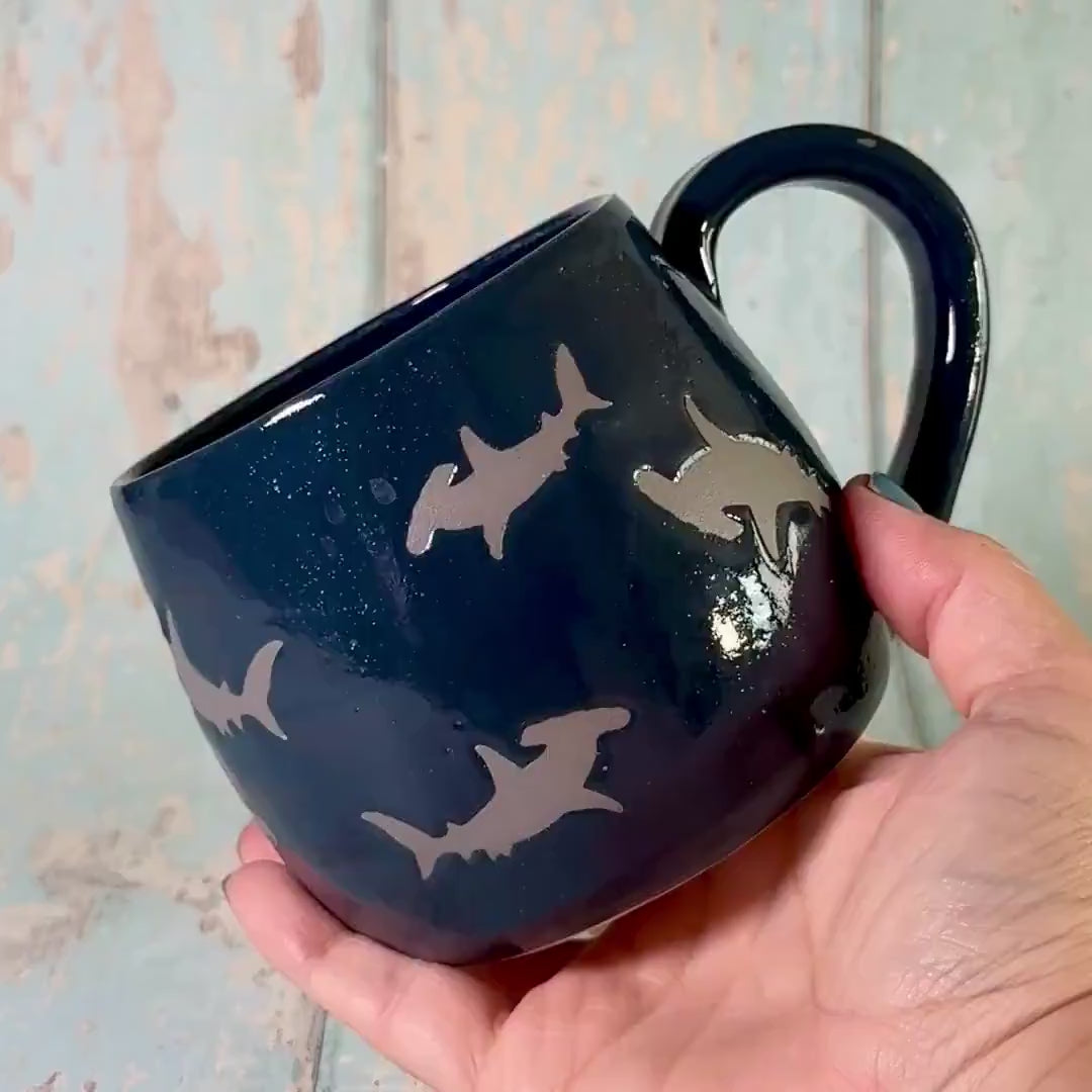 Navy Blue Hammerhead Shark Mug, Large Ceramic Cup - Second