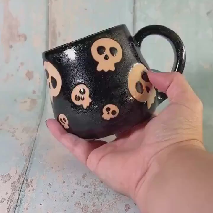 Glittery Black Skull Mug, Handmade Ceramic Cup, Spooky Halloween Mug