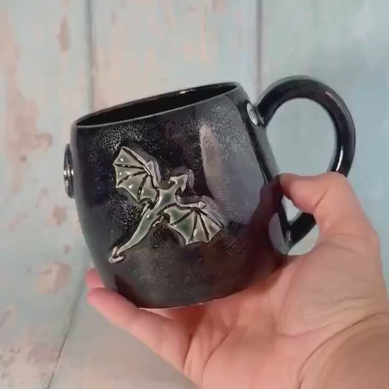 Handmade Black Glittery Dragon Mug, Large Ceramic Cup