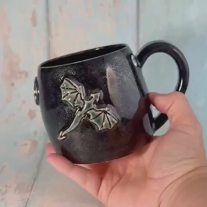 Handmade Black Glittery Dragon Mug, Large Ceramic Cup