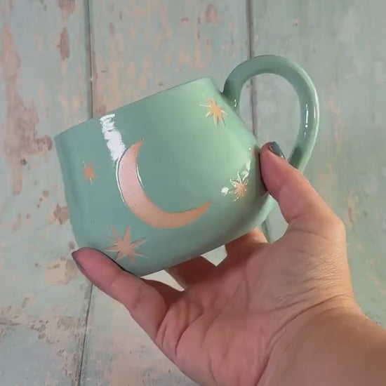 Aqua Green Moon & Star Celestial Mug, Large Ceramic Cup