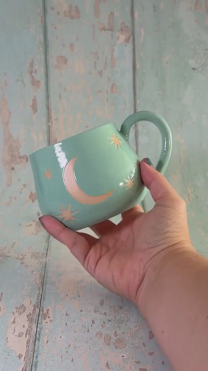 Aqua Green Moon & Star Celestial Mug, Large Ceramic Cup