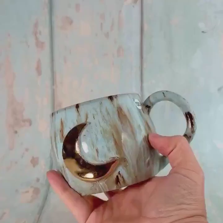 Blue and Gold Moon Mug, Handmade Ceramic Mug