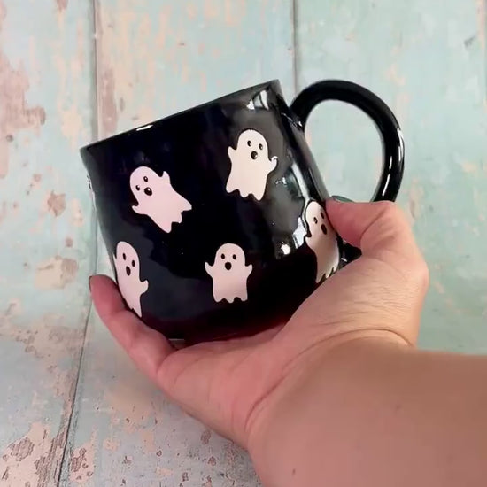 Black Ghost Mug, Handmade Ceramic Cup, Spooky Halloween Mug