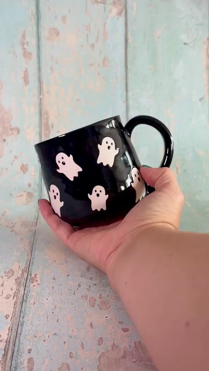 Black Ghost Mug, Handmade Ceramic Cup, Spooky Halloween Mug