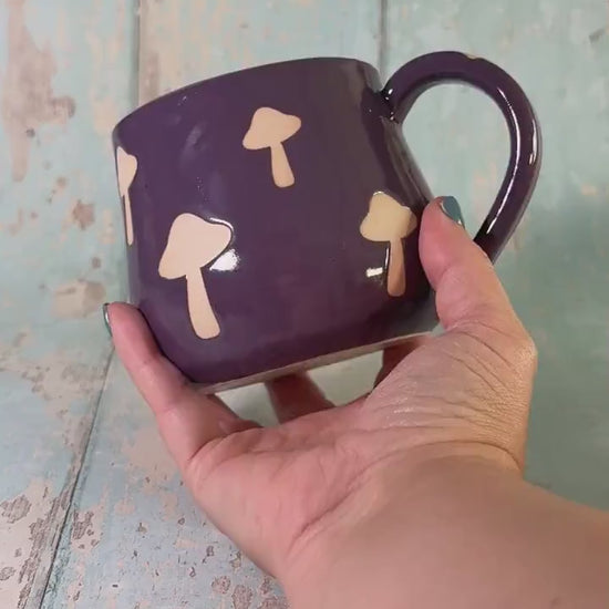 Purple Mushroom Mug, Handmade Ceramic Cup, Spooky Halloween Mug