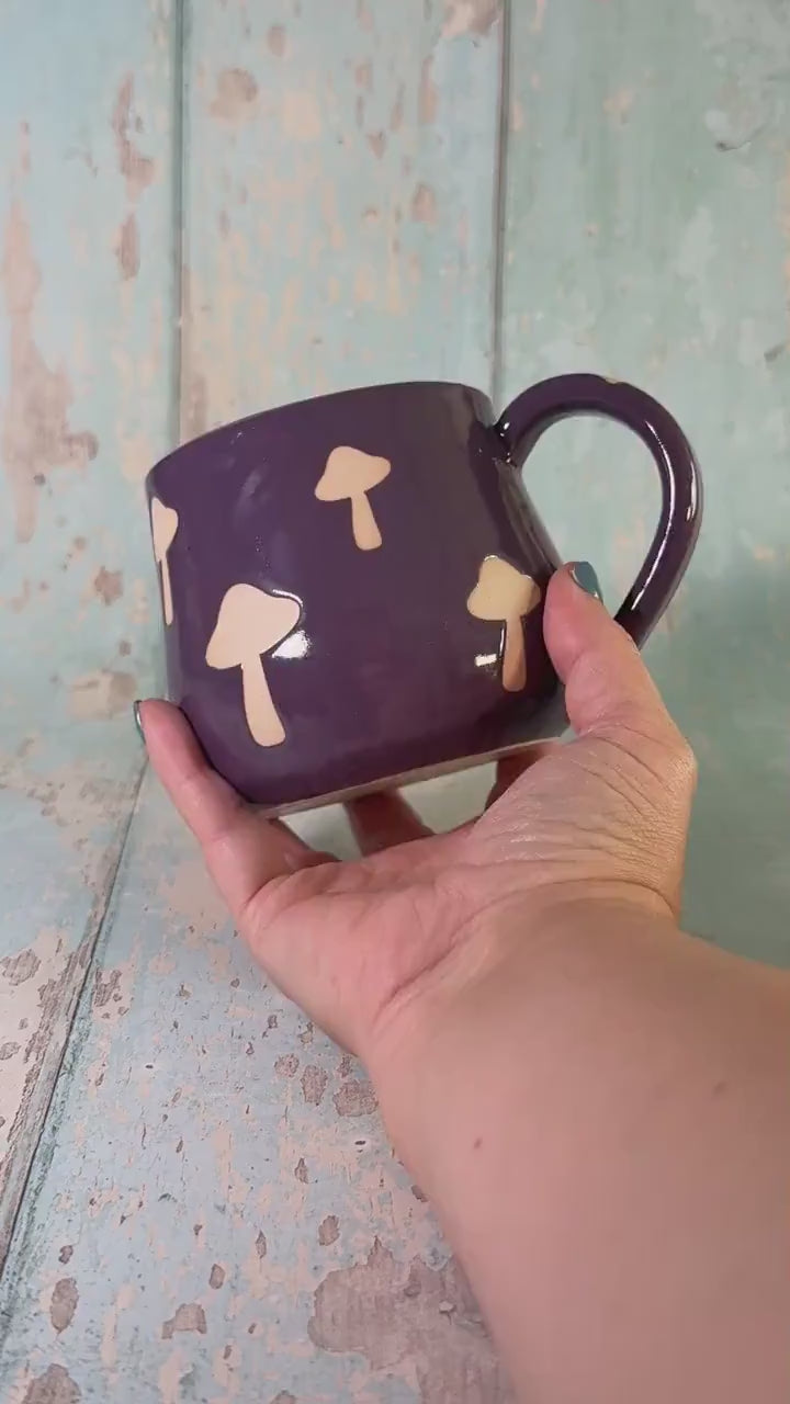 Purple Mushroom Mug, Handmade Ceramic Cup, Spooky Halloween Mug