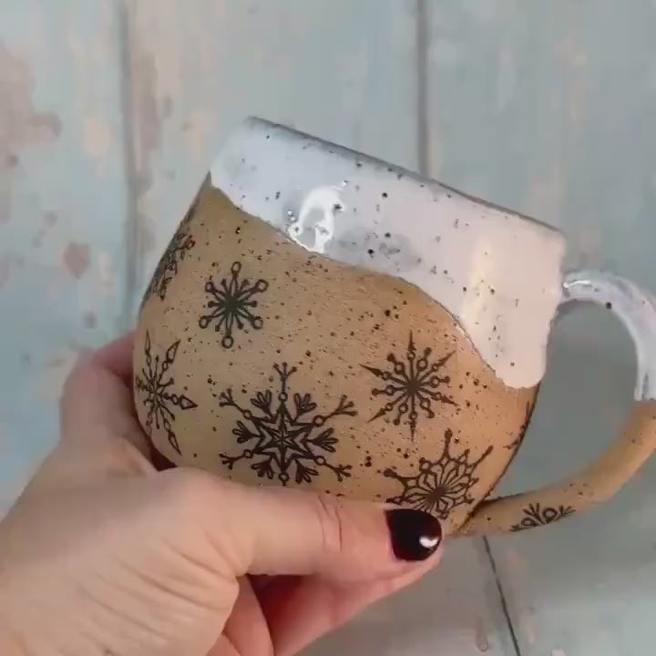Black and White Christmas Snowflake Mug, Handmade Ceramic Cup