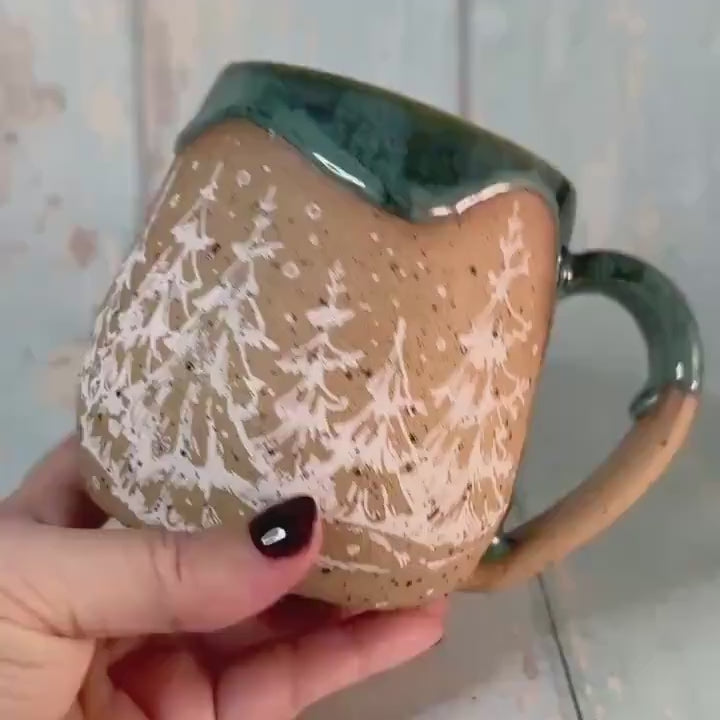 Green Christmas Tree Mug, Handmade Ceramic Cup