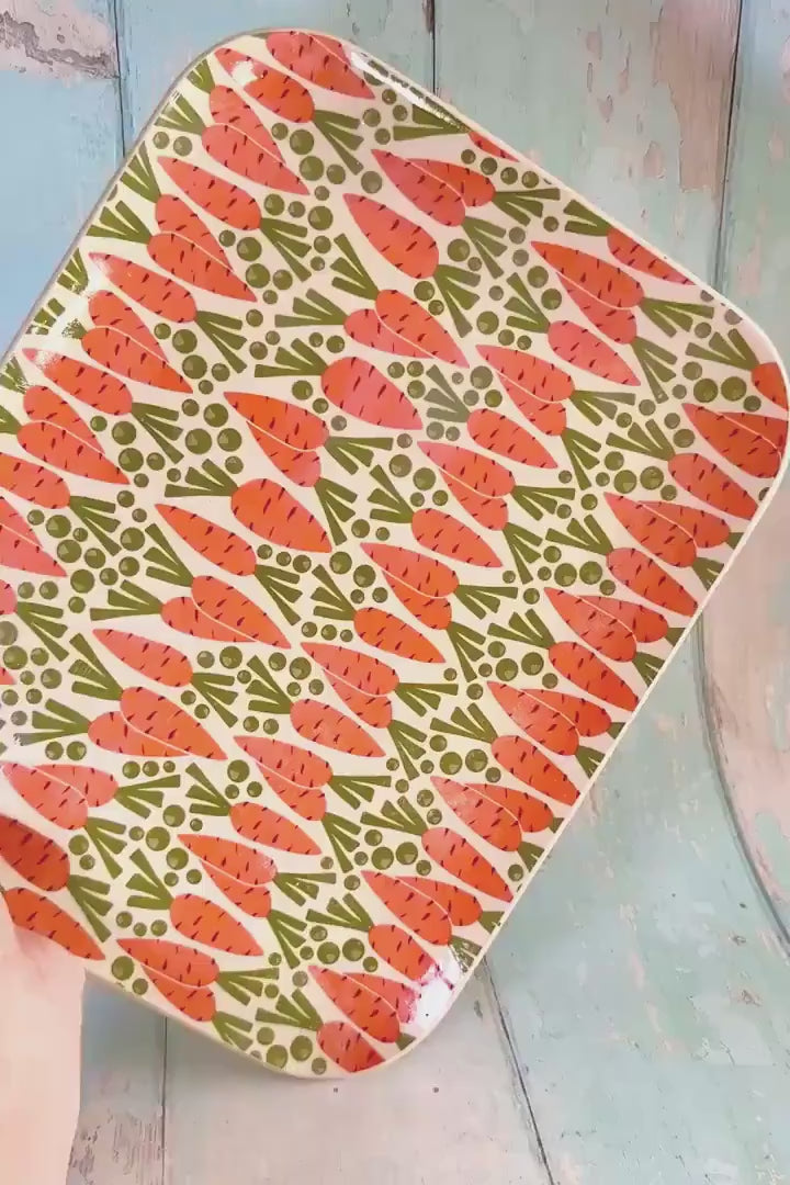 Orange and Green Carrot Platter, Large Handmade Rectangle Ceramic Plate