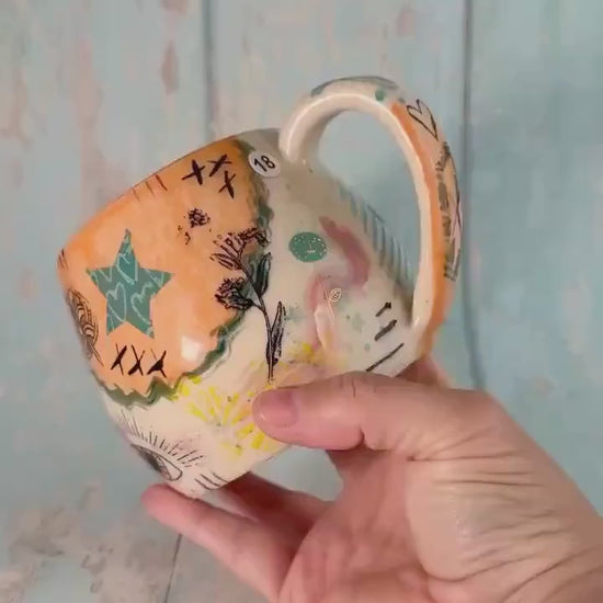 Orange Collage Mug, Handmade Ceramic Cup