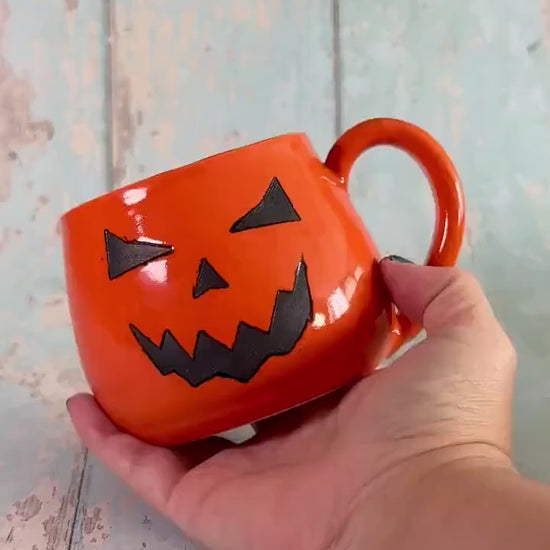 Orange Halloween Pumpkin, Jack O Lantern Mug, Large Ceramic Cup