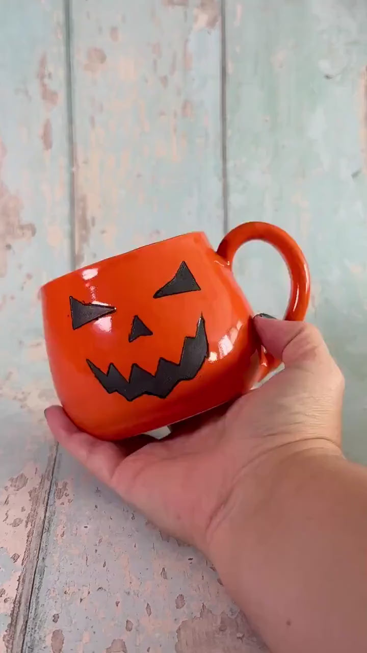 Orange Halloween Pumpkin, Jack O Lantern Mug, Large Ceramic Cup