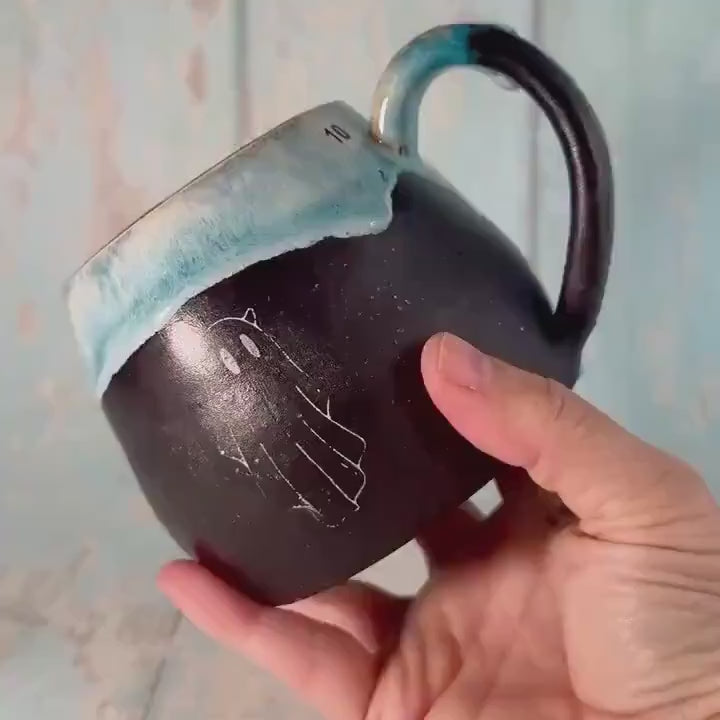 Black & Blue Ghost Mug, Handmade Ceramic Cup, Spooky Halloween Mug
