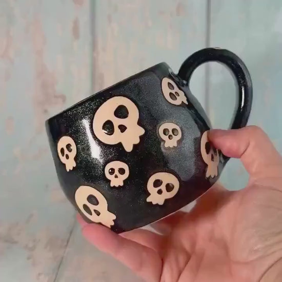 Glittery Black Skull Mug, Handmade Ceramic Cup, Spooky Halloween Mug