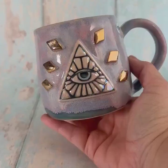 Mystical Pyramid Mug, Handmade Pink and Blue Ceramic Cup