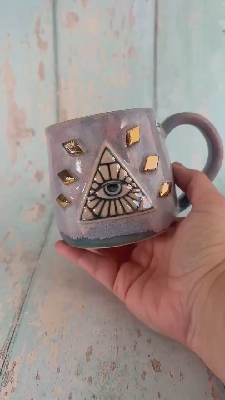 Mystical Pyramid Mug, Handmade Pink and Blue Ceramic Cup