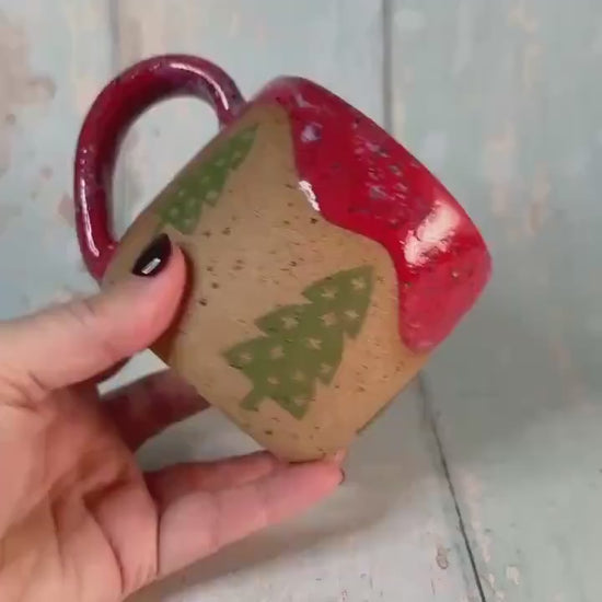 Red and Green Christmas Tree Mug, Handmade Ceramic Cup