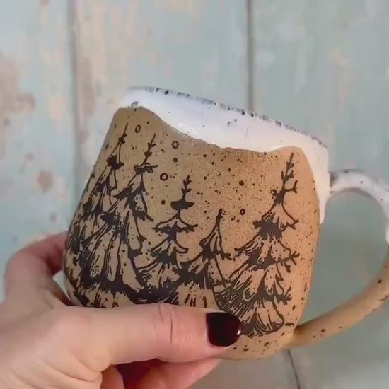Black and White Christmas Tree Mug, Handmade Ceramic Cup