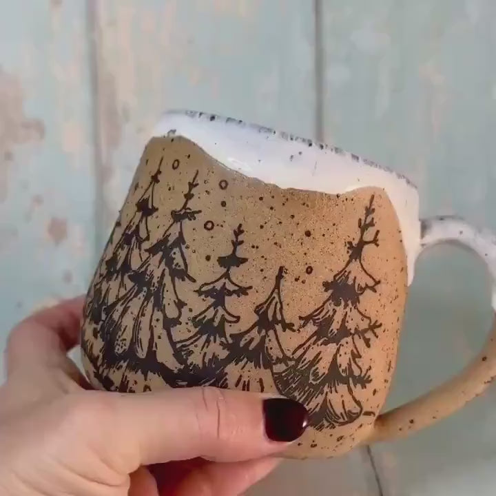 Black and White Christmas Tree Mug, Handmade Ceramic Cup