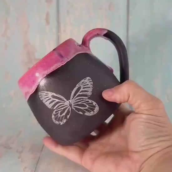 Pink & Black Butterfly Mug, Large Ceramic Cup