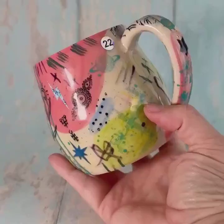 Pink Collage Mug, Handmade Ceramic Cup