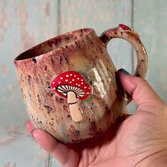 Brown Speckled and Red Mushroom Mug, Fungi Ceramic Cup