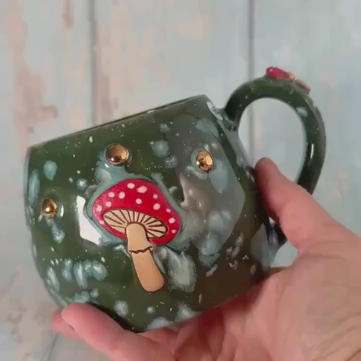 Green and Red Mushroom Mug, Fungi Ceramic Cup