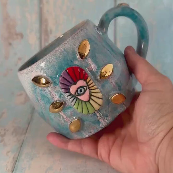 Mystical Heart Mug, Handmade Teal and Rainbow Ceramic Cup - Second