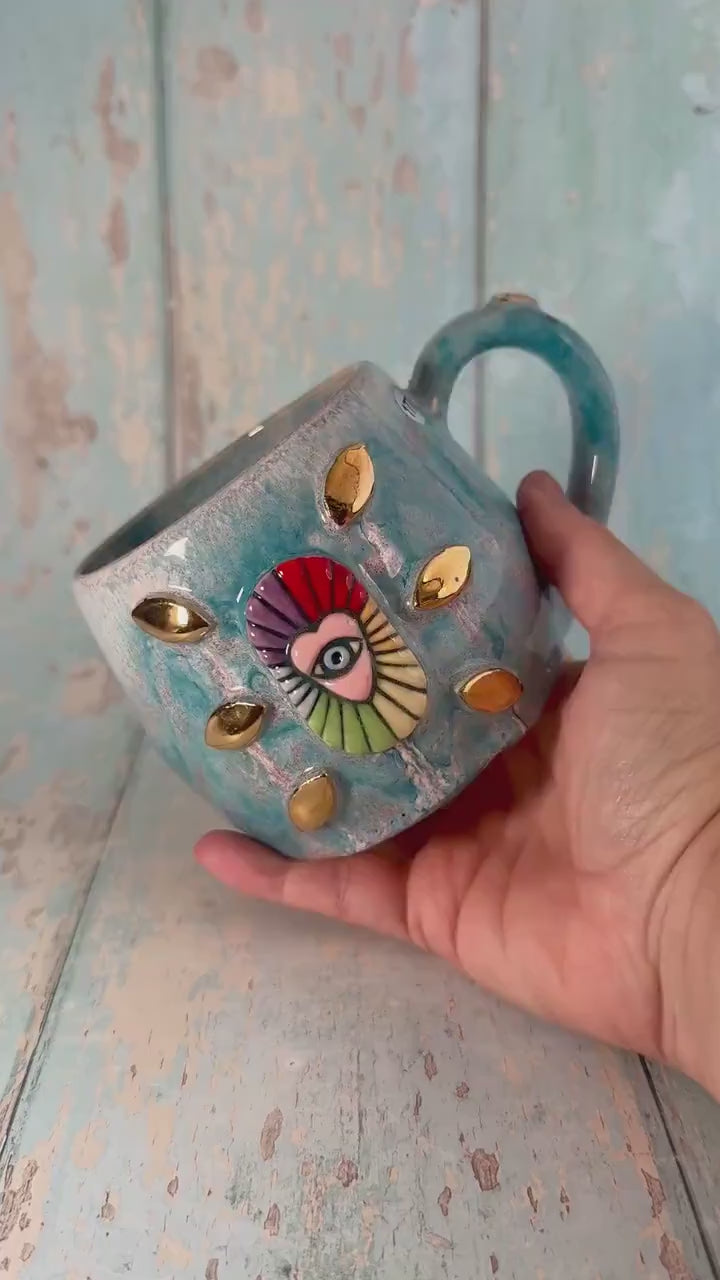 Mystical Heart Mug, Handmade Teal and Rainbow Ceramic Cup - Second