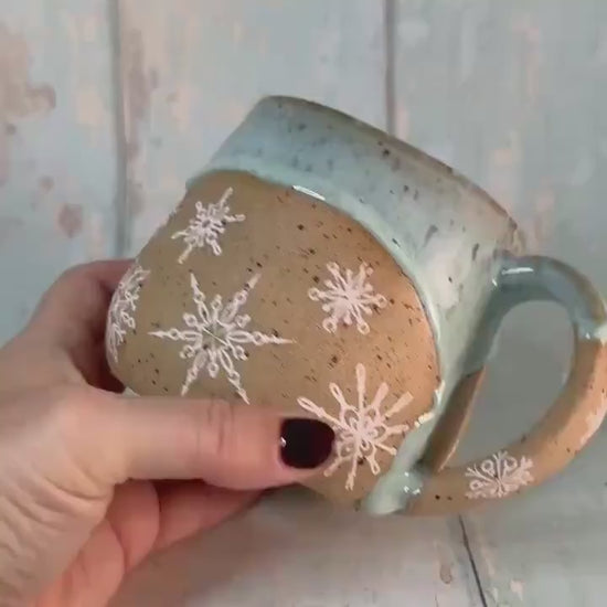Green Christmas Snowflake Mug, Handmade Ceramic Cup